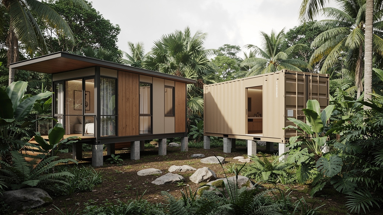 Bungalow modulaire et container aménagé posés sur plots en béton, entourés de végétation tropicale dense avec palmiers et plantes à grandes feuilles.