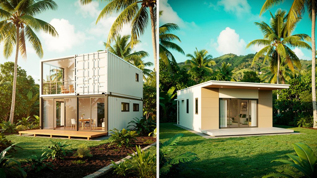Comparatif visuel côte à côte entre une maison container et une maison modulaire dans un paysage tropical des Antilles, avec palmiers et végétation luxuriante.