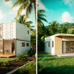 Comparatif visuel côte à côte entre une maison container et une maison modulaire dans un paysage tropical des Antilles, avec palmiers et végétation luxuriante.