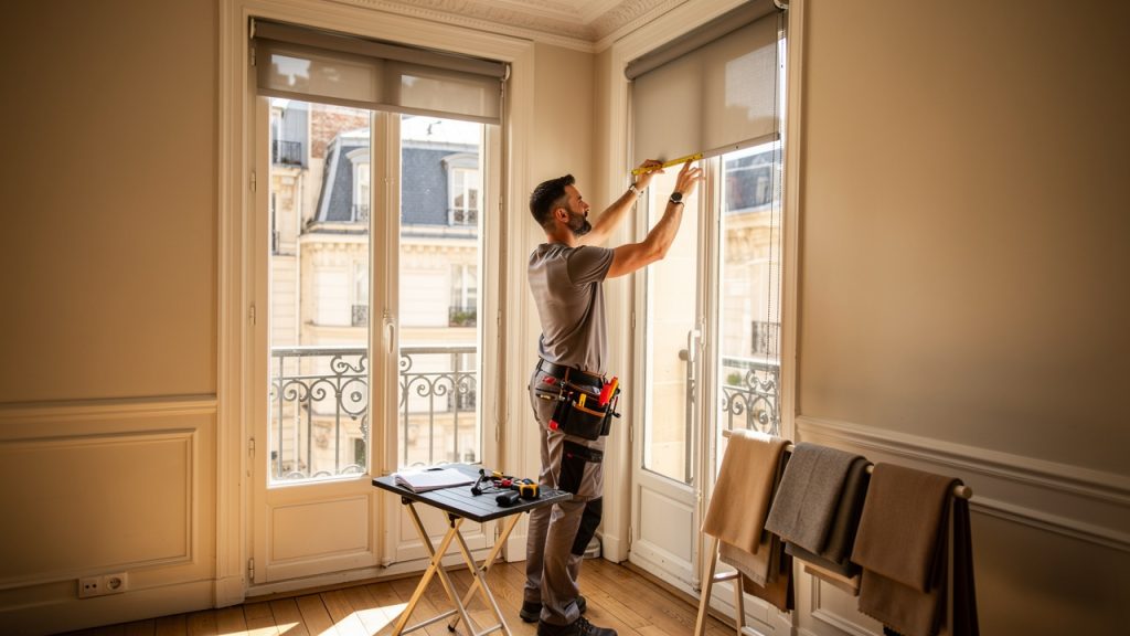 Un storiste ajuste un store intérieur dans un appartement parisien lumineux au style haussmannien.