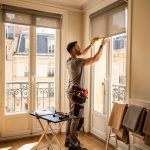 Un storiste ajuste un store intérieur dans un appartement parisien lumineux au style haussmannien.
