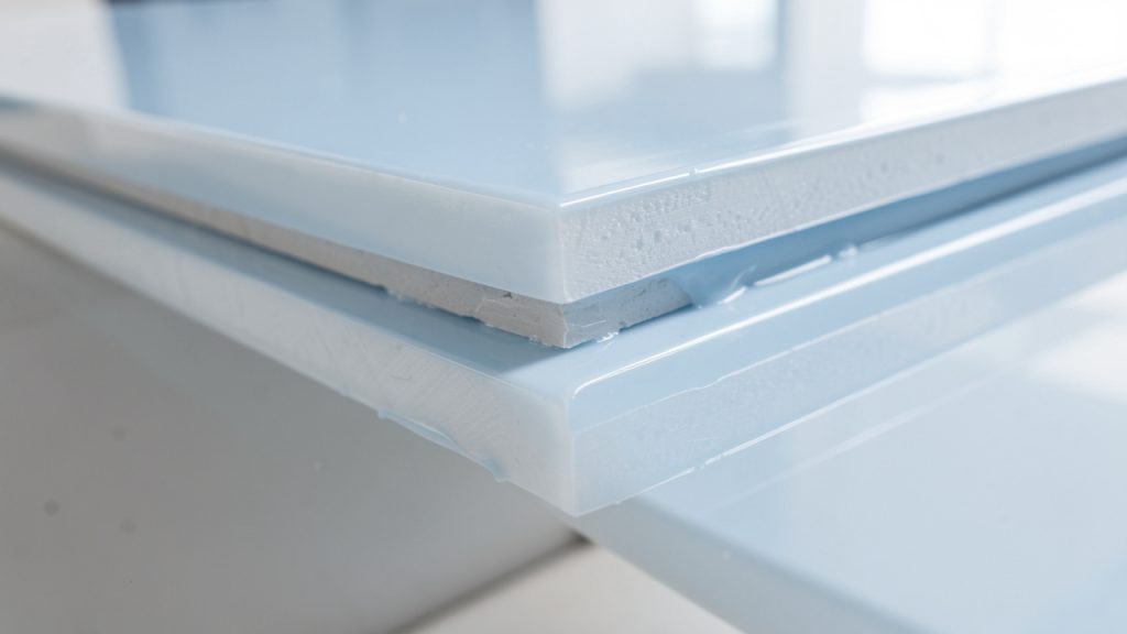 Vue rapprochée d’un panneau composite en fibre de verre présentant deux couches régulières de gelcoat bien adhérentes, avec une finition lisse et brillante.