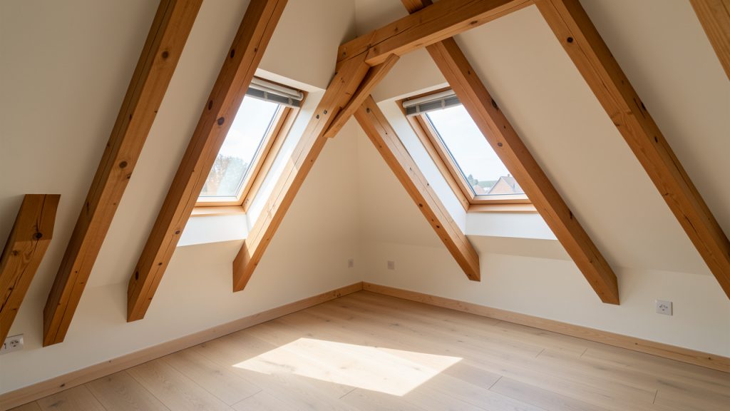 Combles lumineux avec deux fenêtres de toit installées entre les poutres apparentes, protégées par des pare-soleil pour limiter la surchauffe.