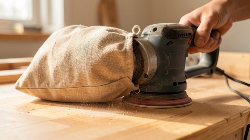 Sac en toile fabriqué pour une ponceuse, recueillant efficacement la poussière de bois dans un atelier.