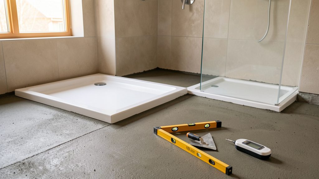 Chape fraîchement nivelée dans une salle de bains, avec un receveur de douche blanc et des outils de contrôle disposés à proximité.