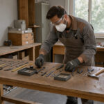 Un homme adulte équipé de lunettes de protection, d’un masque FFP2, de gants et de chaussures de sécurité range soigneusement ses outils dans un atelier domestique propre et bien organisé, éclairé par la lumière naturelle.