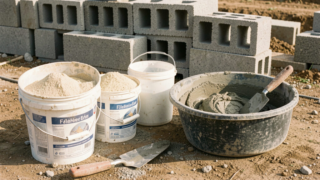 Seaux de ciment et de sable disposés avec un bac de mortier gris, une truelle et des parpaings sur un chantier.