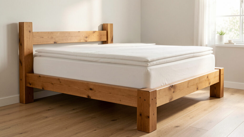 Cadre de lit deux places robuste en bastaings de bois naturel, assemblé dans une chambre moderne et lumineuse.