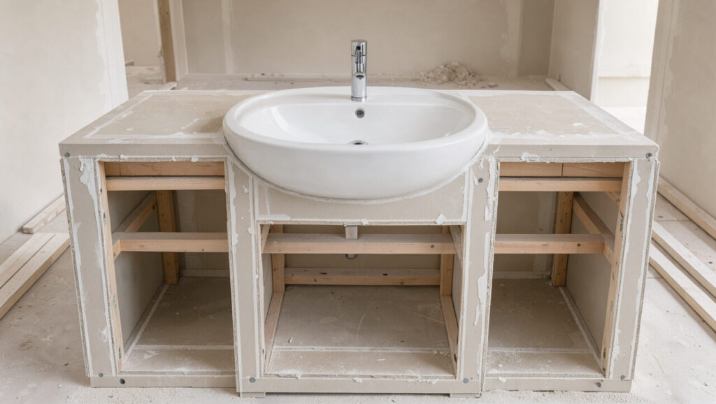 Meuble de salle de bain en plaques de plâtre avec une ossature renforcée supportant une vasque blanche moderne.