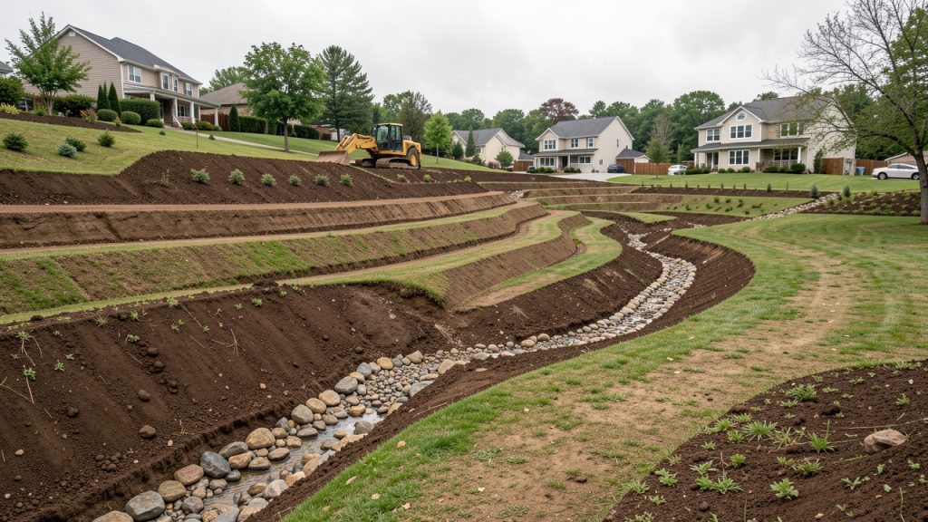 Terrain en pente nivelé avec des courbes douces, des noues végétalisées et un canal empierré permettant à l’eau de pluie de s’écouler naturellement.